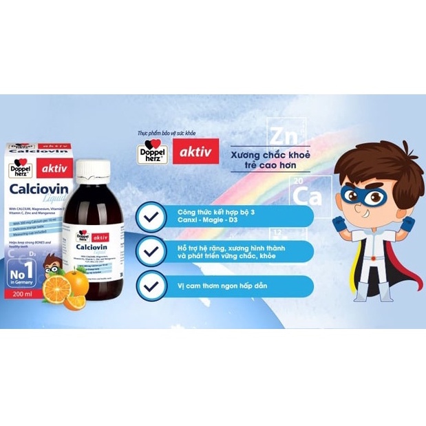 Canxi hữu cơ Doppelherz Aktiv Kinder Calciovin giúp xương chắc khỏe và phát triển chiều cao tối ưu cho bé (chai 200ml)