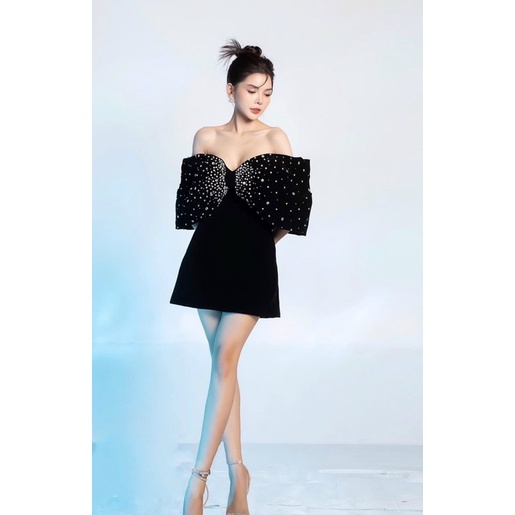 Đầm dáng A TRIPBLE T DRESS chất nhung kết đá pha lê bẹt vai- size S/M/L -MS232Y
