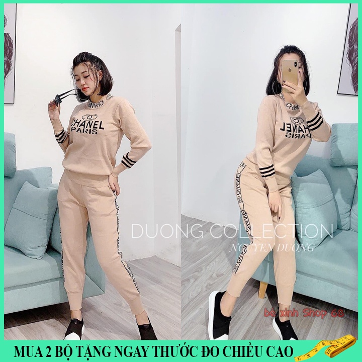 Đồ bộ thu đông nữ từ 40-58kg, bộ thu đông nữ chan.n.el mặc nhà, đi chơi, vải nỉ da cá, hàng may kĩ.CHANE39