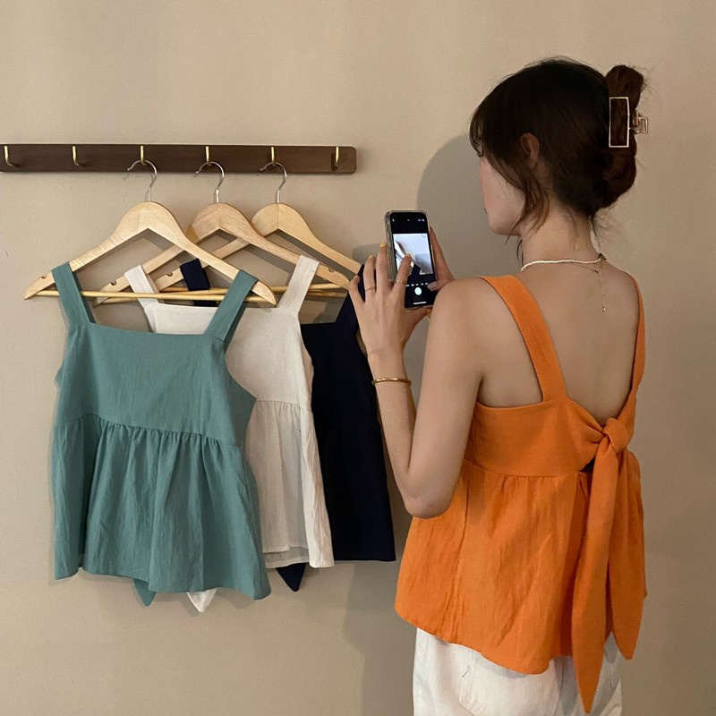 Áo Tank Top Sát Nách Cổ Vuông Dáng Rộng Màu Trơn Phối Dây Buộc Sau Lưng Kiểu Hàn Quốc Thời