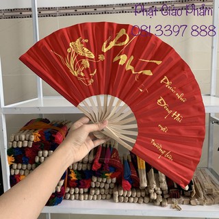 Quạt Tay vải lụa chữ Thư Pháp ( size trung nhiều màu)