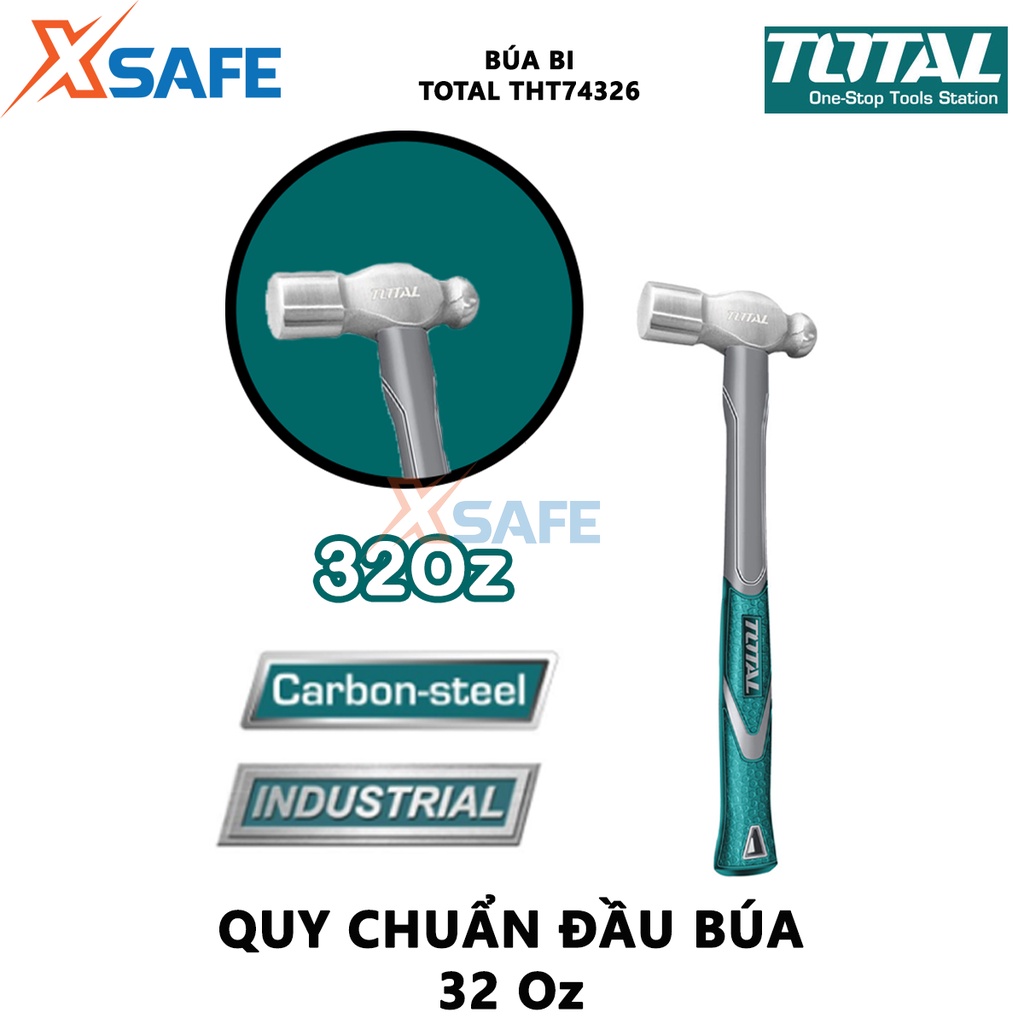 Búa đầu tròn TOTAL THT74326 900g Búa cầm tay đầu bi mini rèn nguyên khối carbon 45#, chịu nhiệt, tay cầm kiểu dáng mảnh