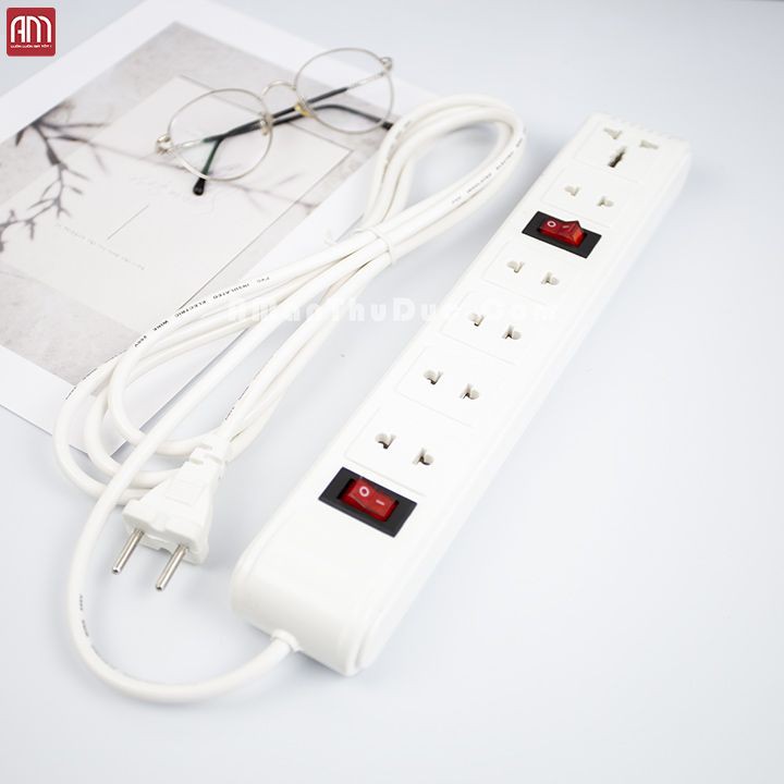 Ổ Điện Dài Trắng Dây 3m Tích Hợp 6 Ổ Cắm Đa Năng, 2 Công Tắc Điện Thông Minh, 2200W 220V