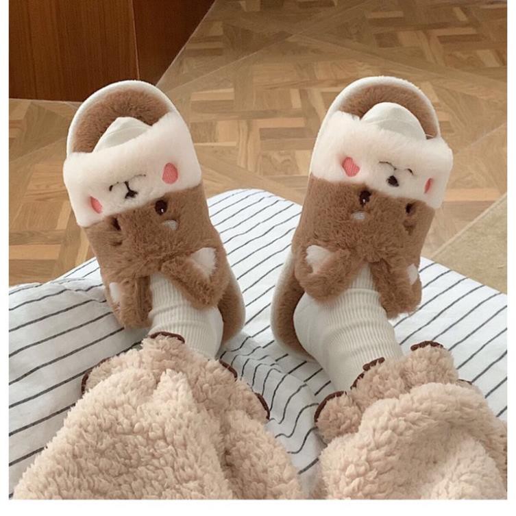 Dép bông đi trong nhà hình con gấu có tai màu nâu