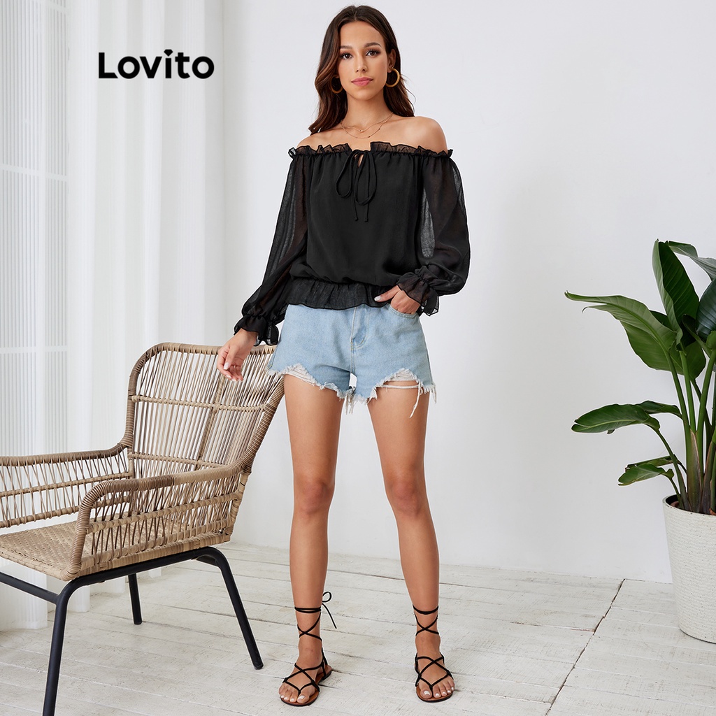 Lovito Boho áo sơ mi chiffon lệch vai L24LD191 (đen)