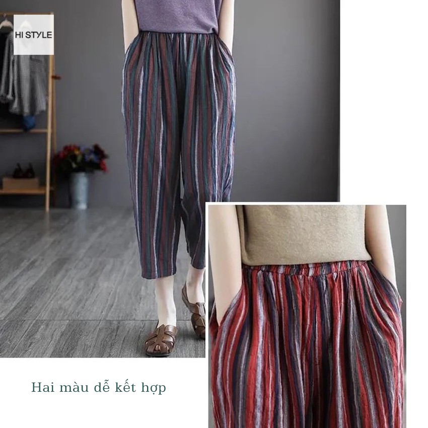 Quần nữ cotton kẻ sọc hoang dã thoải mái quần ngủ mới phong cách Vintage và rentro lưng thun quần âu rộng rãi ống rộng