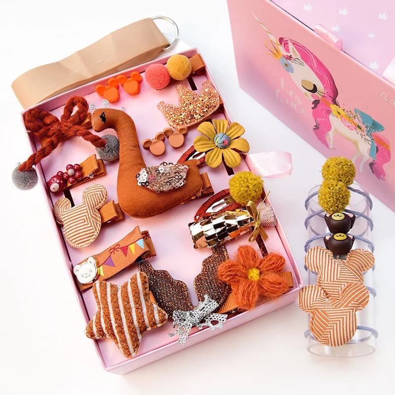 Kẹp Tóc Cho Bé Gái Hộp Đựng 24 Chi Tiết Phong Cách Hàn Quốc Kèm Túi Xách Dễ Thương