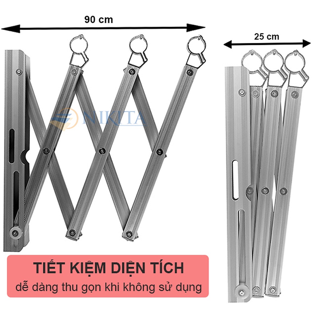 Giàn phơi thông minh nhôm gắn tường - Dài 2M - 3 thanh phơi - NIKITA