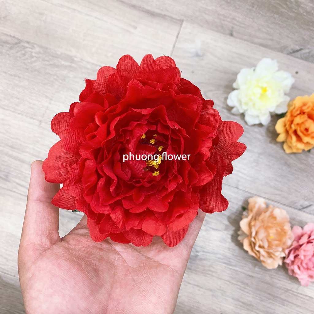 Đầu bông hoa mẫu đơn bằng lụa size lớn 13cm đủ màu dùng trang trí quà tết, oản, decor cổng, tường hoa