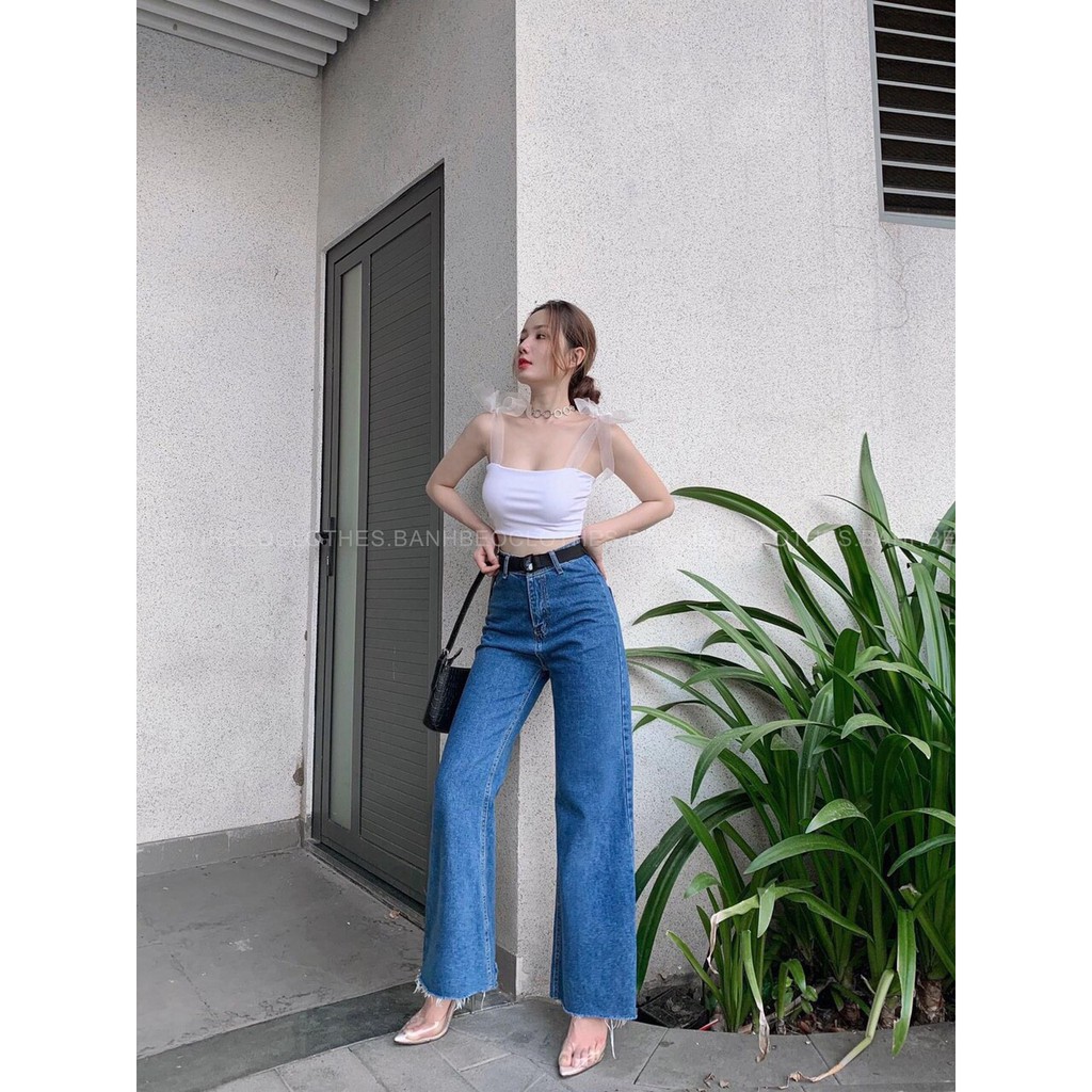 mix set áo 2 dây croptop ruy băng buộc nơ quần ống rộng xinh