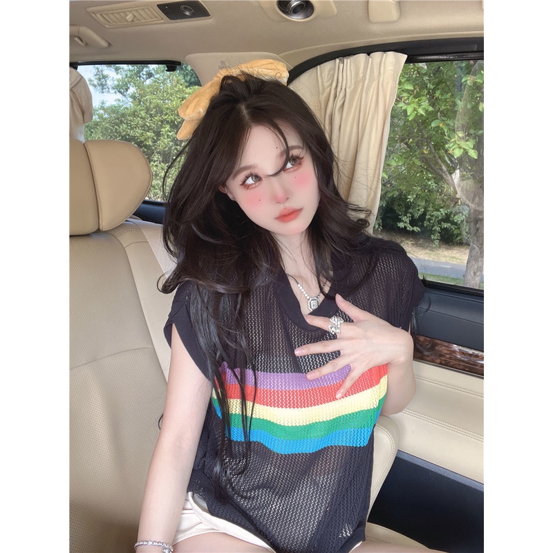 Jiashucheng Áo Dệt Kim Chui Đầu Dáng Rộng Tay Ngắn Cổ Tròn Họa Tiết Sọc Cầu Vồng Rỗng Nhẹ Nhàng Trong Suốt Phong Cách Năm Mới Mùa Hè Cho Nữ