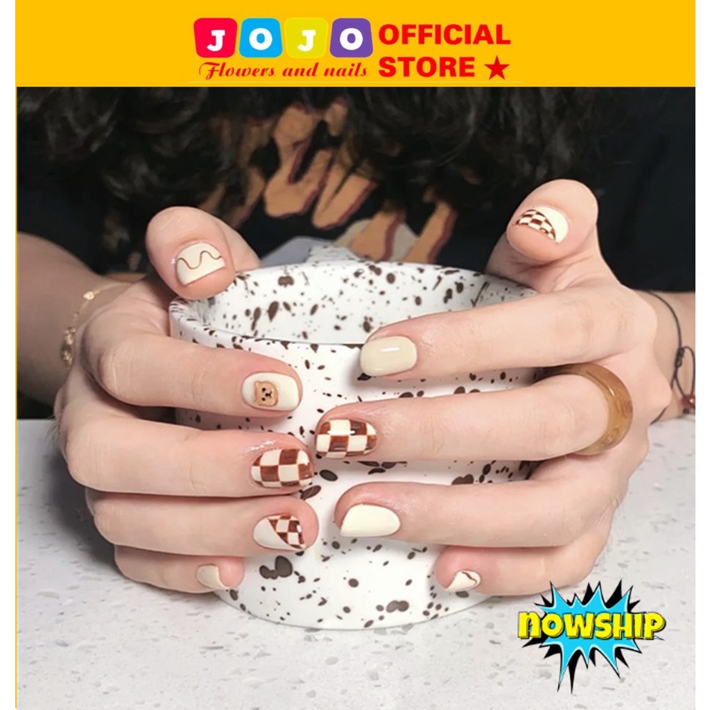 Móng tay giả, nailbox, PD272 kẻ caro gấu bear 24 móng kèm keo