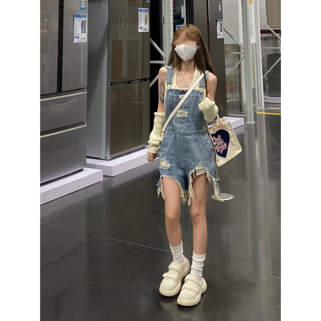 Áo liền quần XIAOZHAINV denim ngắn phối túi phong cách vintage thời trang mùa hè cho nữ