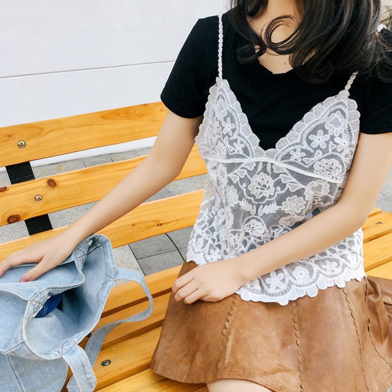 Áo Crop Top Hai Dây Cổ Chữ V Phối Ren Xuyên Thấu Thời Trang Mùa Hè Cho Nữ