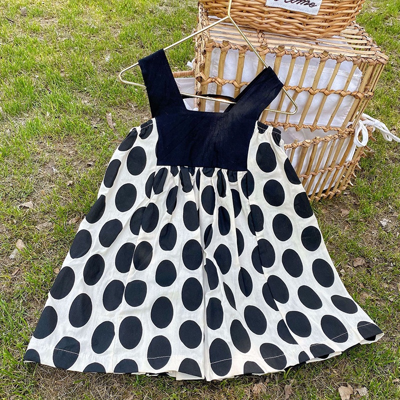 Đầm Công Chúa Hai Dây Cổ Vuông Chấm Bi Se7en Phong Cách Hàn Quốc Cho Bé Gái