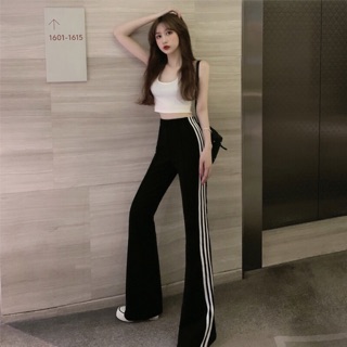 (Hàng Quảng Châu) Quần dài đen ống loe lưng thun trơn & viền sọc thể thao cá tính (TB)