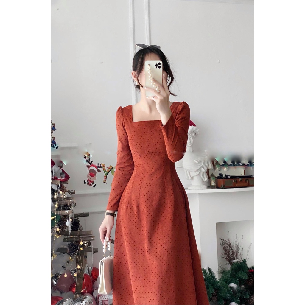 Đầm chấm bi cổ vuông dáng xòe chiết eo chất nhung tăm - váy thiết kế 137