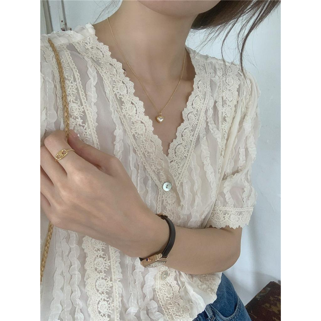 Áo Chiffon Tay Ngắn Phối Ren Trong Suốt Phong Cách Hàn Quốc 54869