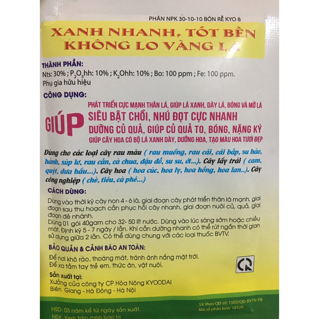 Phân bón NPK 30-10-10 nở bụi, xanh lá, mập cọng 40gr