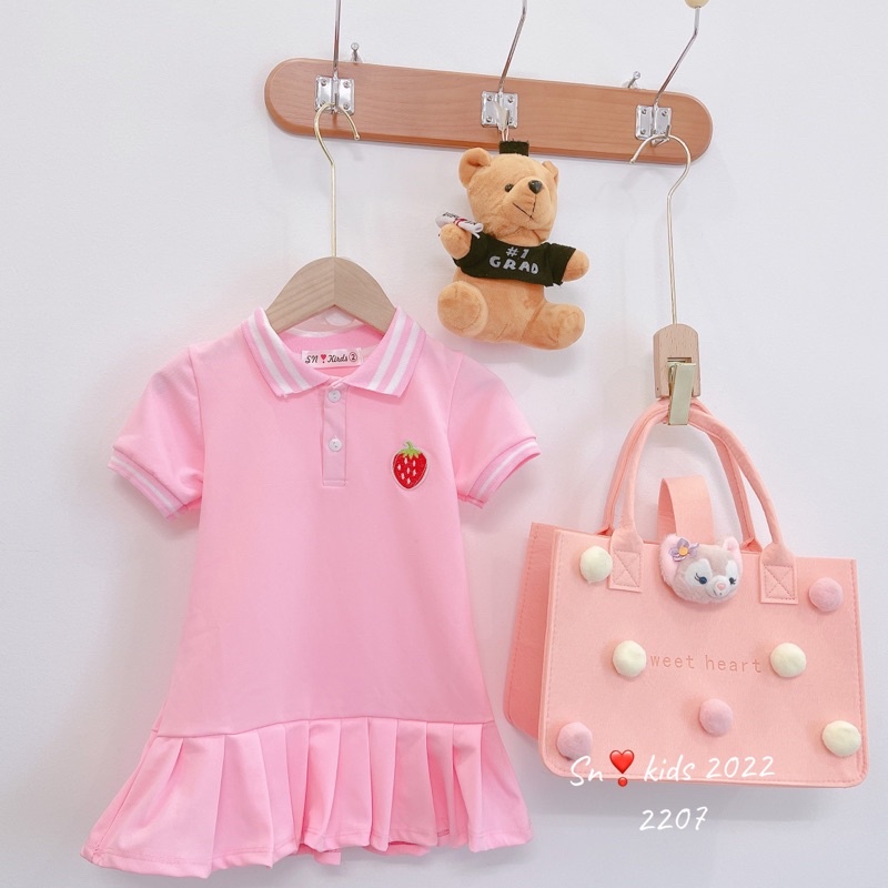 (9-30kg) Váy Xinh Thêu Dâu Vải Polo Cho Bé  Đi Học, Đầm Size Đại Cho Bé