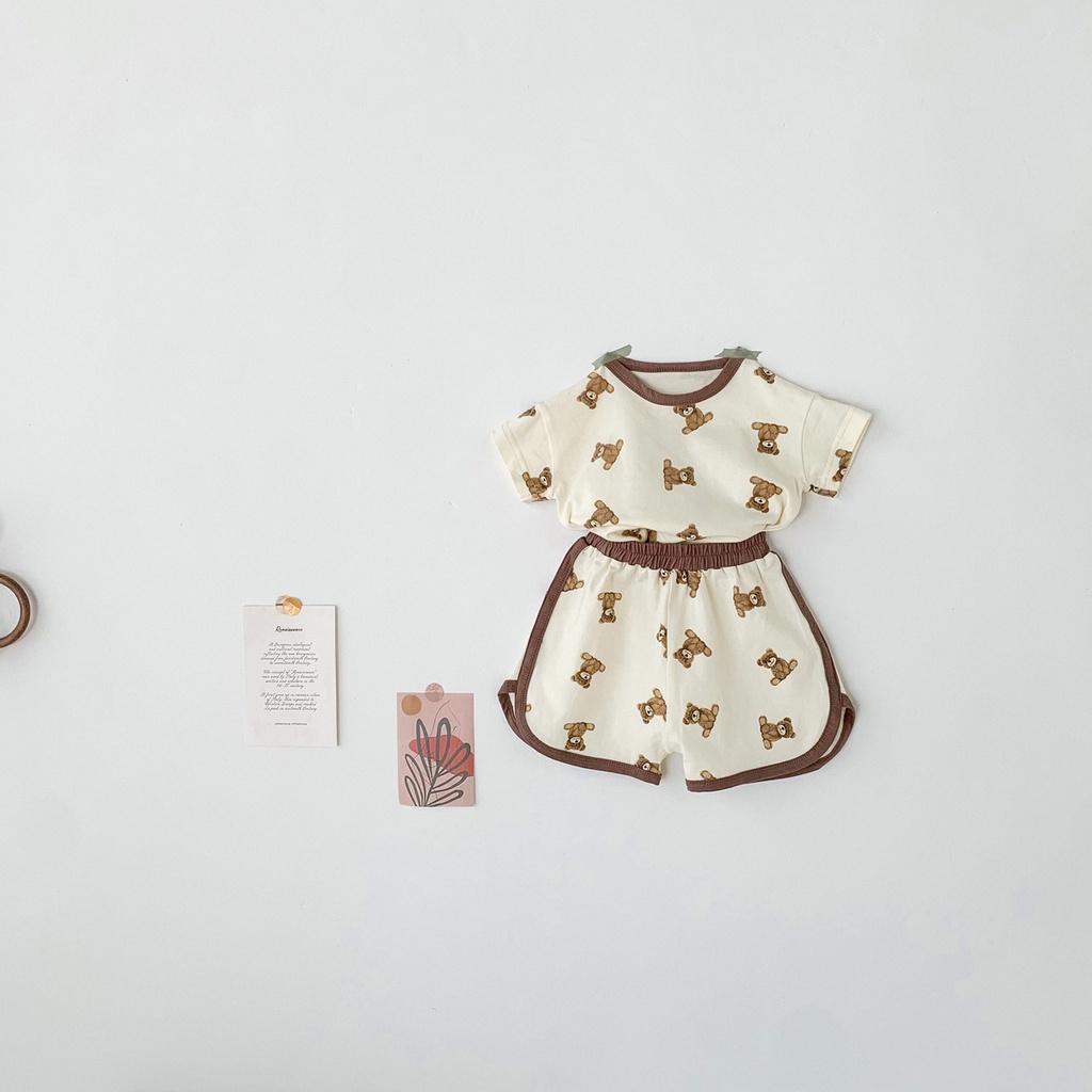 Bộ Áo Thun Tay Ngắn In Hình Gấu Hoạt Hình + Quần Short Thời Trang Mùa Hè Dành Cho Bé Sơ Sinh