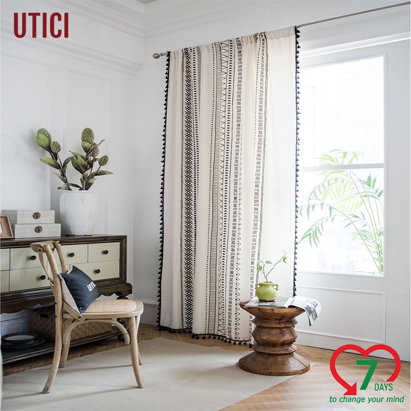 UTICI Rèm cửa sổ in họa tiết hình học màu trắng đen, vải lanh Bohemia trang trí căn phòng và ban công 2 màu curtains