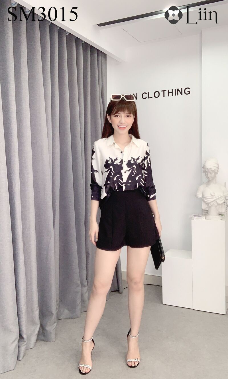 Áo Sơ Mi nữ cao cấp họa tiết Hoa Chân Đen thời trang Liin Clothing SM3015