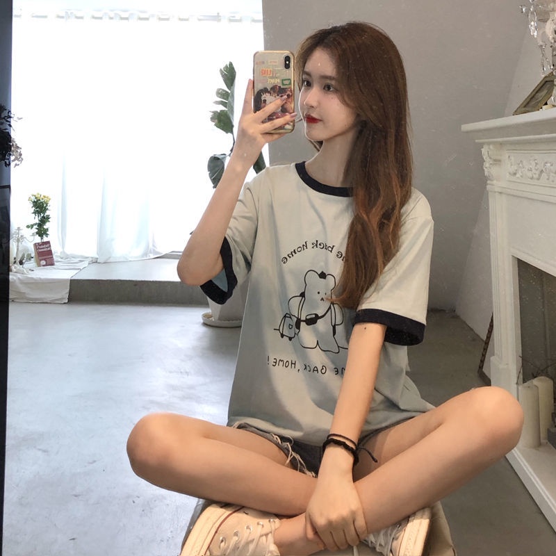 Áo Thun Tay Ngắn Cổ Tròn In Hình Gấu Dễ Thương Phong Cách Hàn Quốc Thời Trang Mùa Hè Cho Bạn Gái