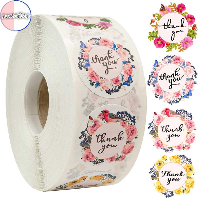 Cuộn 500 nhãn dán viền hoa hồng và chữ &quot;Thank you&quot; trang trí đa năng