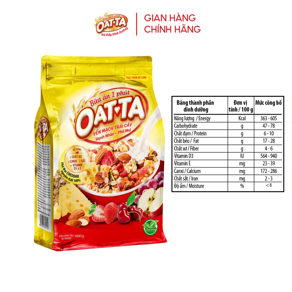 Ngũ cốc Yến mạch trái cây Hạnh nhân Phô mai OATTA túi 800g