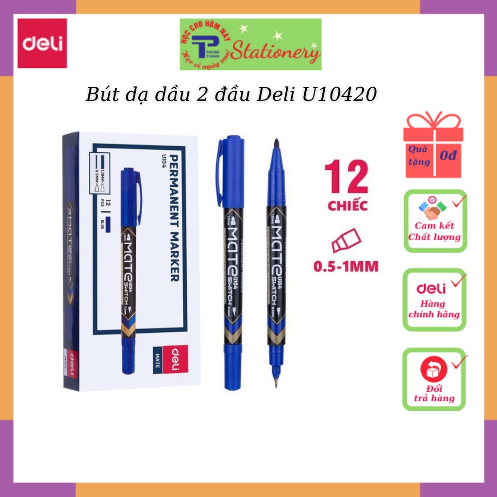 Bút dạ kính 2 đầu Deli - không xóa được, mực vĩnh cửu - Mực Đen/Xanh/Đỏ - 12 cây/hộp - EU10420/10430