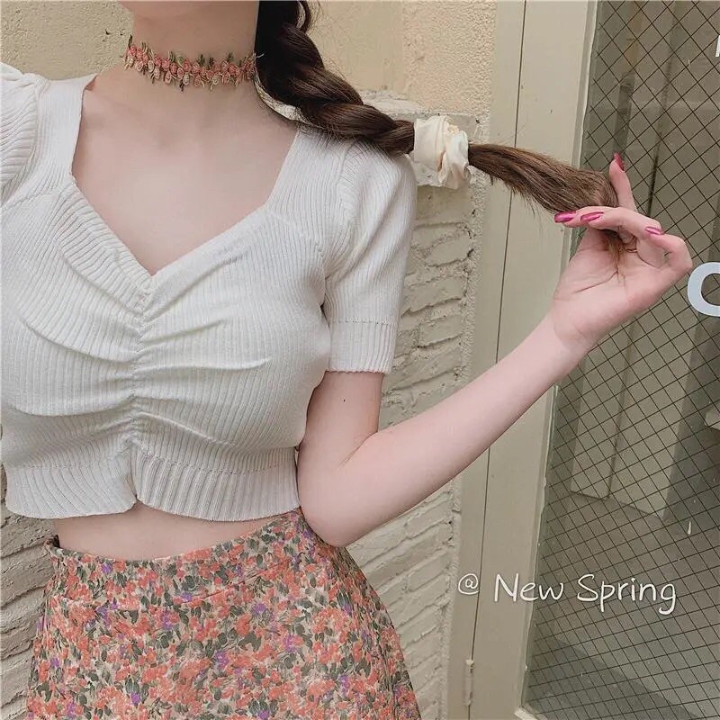 Cổ chữ V ngắn tay màu đặc biệt mùa hè thời trang mới áo sơ mi đan đáy + váy voan hoa cạp cao giữa phụ nữ