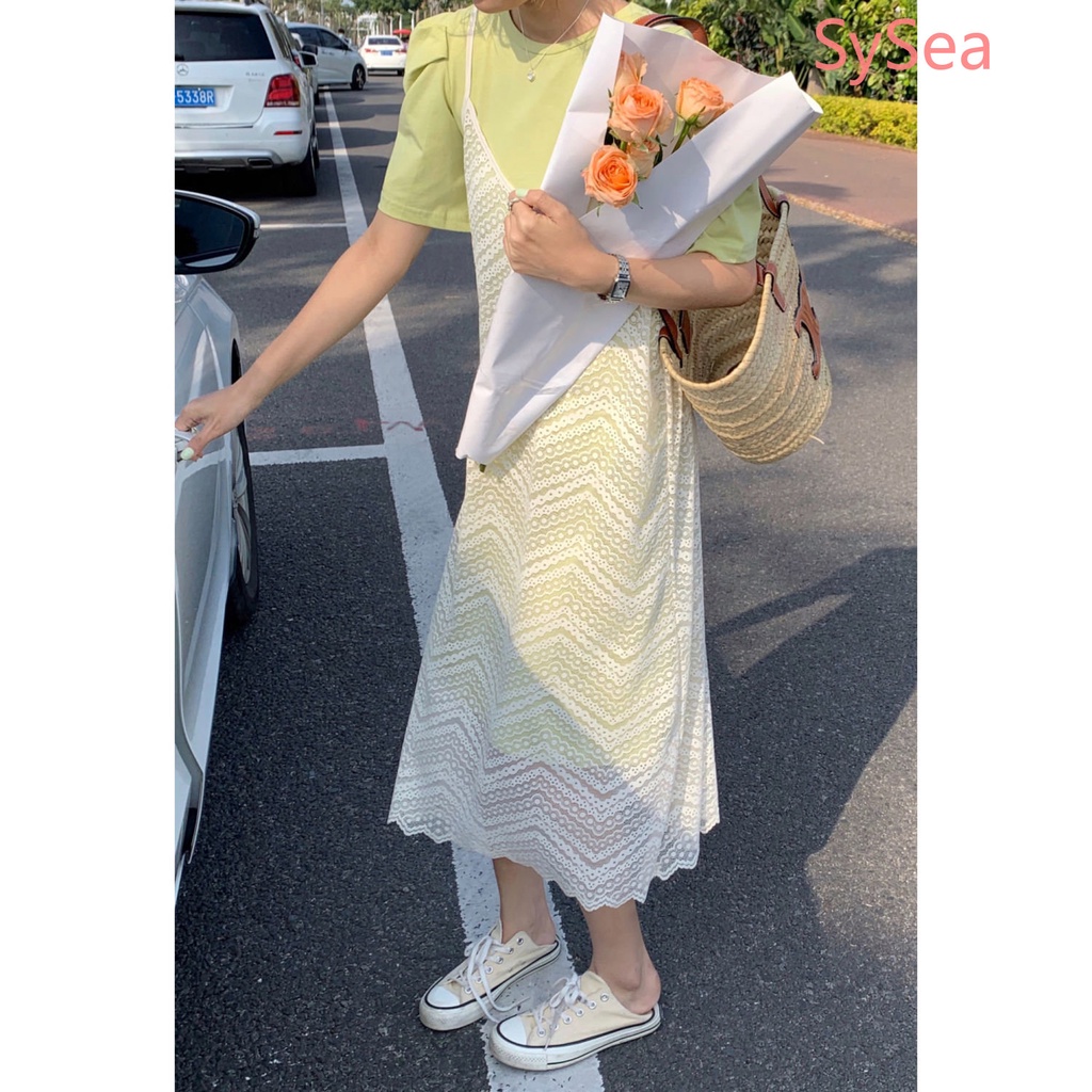 Đầm Chữ A Màu Xanh Lá + Áo Hai Dây Khoét Lỗ Phong Cách Thời Trang Pháp Dành Cho Nữ