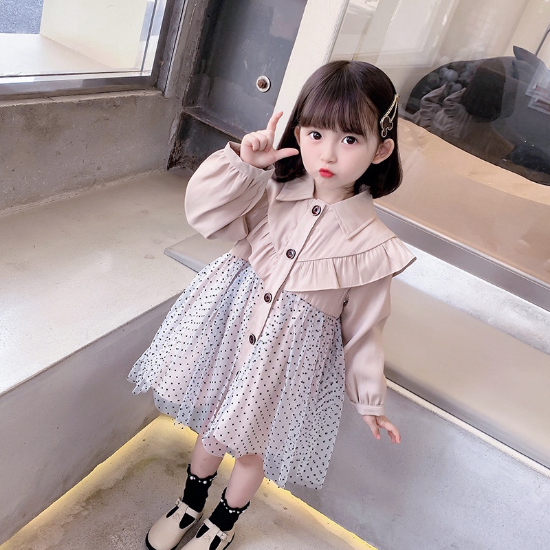 Áo khoác chống gió phối lưới họa tiết chấm bi phong cách công chúa cho bé gái