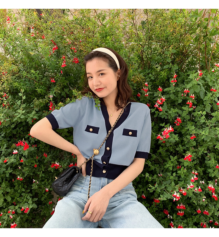 Áo dệt kim SUXI tay ngắn ôm dáng cổ V gợi cảm thanh lịch cho nữ