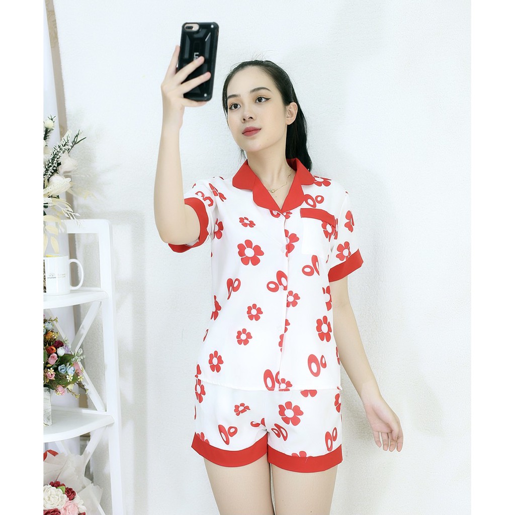 [HÌNH THẬT] Bộ đồ Pijama ngắn mặc nhà MÀU TRẮNG HOA ĐỎ PHA CỔ ĐỎ - Vải Siêu Lụa Cao Cấp - Mềm Mại Êm Ái