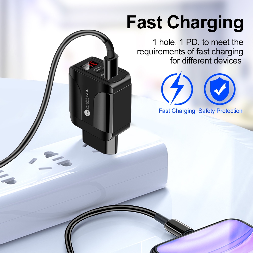 20W+QC3.0 USB Type C  Digital Display Fast Charging Charger