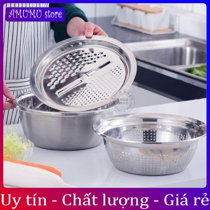 (siêu tiện dụng)Bộ rổ inox kèm nạo rau củ inox 3 chi tiết