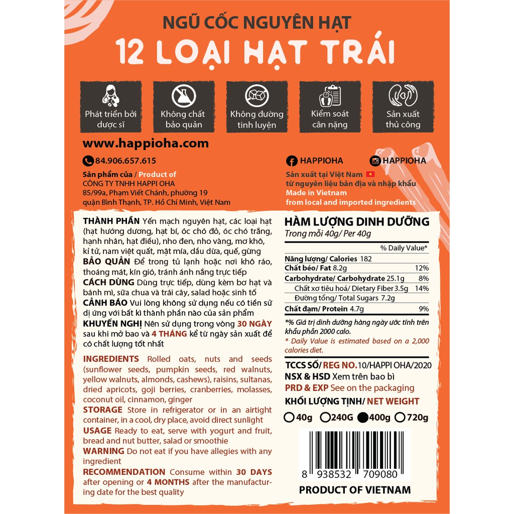 Granola 12 loại hạt trái 400g (óc chó đỏ, kỷ tử, mơ khô đặc biệt) - Ngũ Cốc Ăn Kiêng/Ăn Sáng - HAPPI OHA | BigBuy360 - bigbuy360.vn