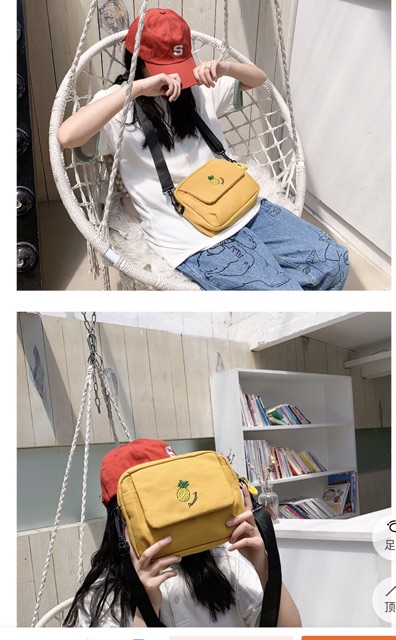 Túi chéo mini vải bố thêu hoa quả cực xinh