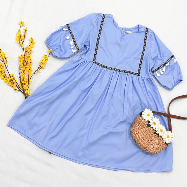 Đầm váy babydoll xanh thổ cẩm (kèm hình thật)