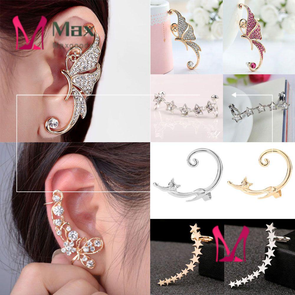 1 Cặp Khuyên Kẹp Vành Tai Hình Mèo/ Bông Hoa/ Bươm Bướm Đính Đá Lấp Lánh Thời Trang Cho Nữ|Khuyên Tai