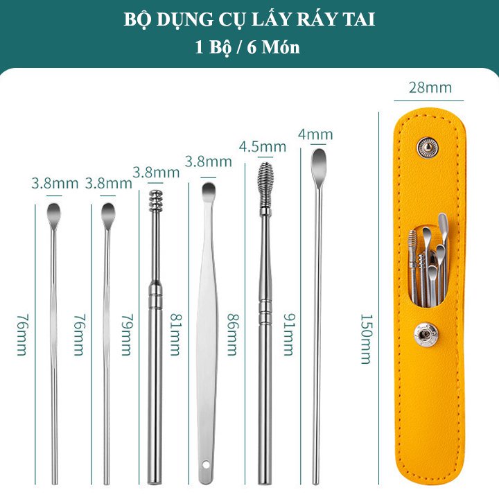 Bộ Dụng Cụ Lấy Ráy Tai 6 Món Tiện Lợi Làm Bằng Thép Không Gỉ. Chăm Sóc Tai Chuyên Nghiệp