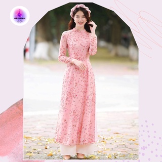 Áo dài hoa nhí 4 tà màu hồng hot trend