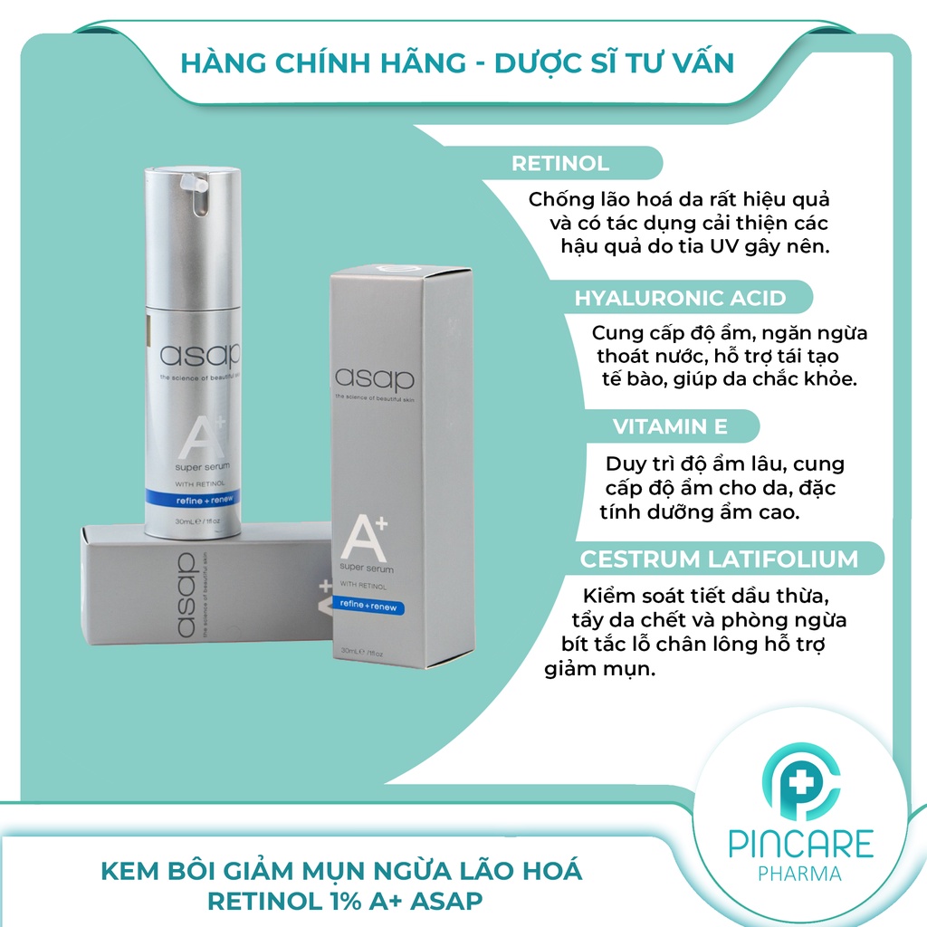 Tinh chất giảm mụn chống lão hoá Asap Super A+ Serum 30ml chứa Retinol 1% - Hàng chính hãng - Nhà Thuốc PinCare