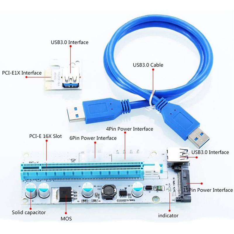 008S 1X TO 16X VGA Card Extension Cable PCI-E DC-DC 60cm USB 3.0 Cable Riser Card Riser Adapter Card for Computer