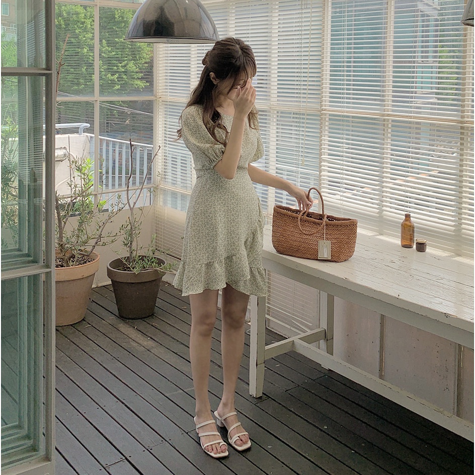 SUXI Đầm Tay Ngắn Cổ Tròn Hoạ Tiết Hoa Phong Cách Hàn Quốc