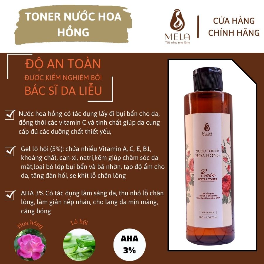 Nước Hoa Hồng MELA Cấp Ẩm Dịu Da, Se Khít Lỗ Chân Lông, Toner Cân Bằng PH Giúp Da Sáng Khoẻ Tươi Sáng 100 ml - ML10