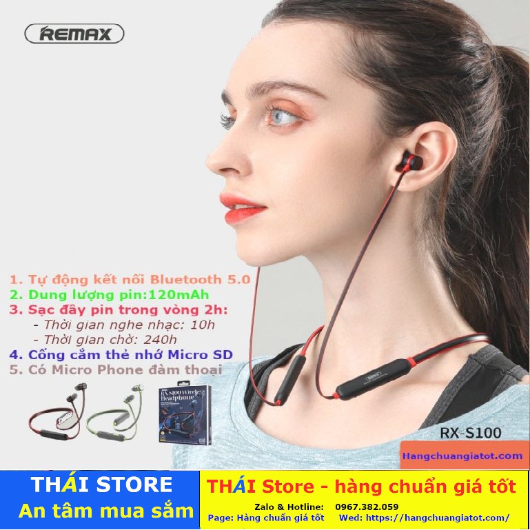 Tai nghe cao cấp Remax, Model: RX – S100, tự động kết nối Bluetooth 5.0, có thẻ nhớ và Micro đàm thoại – (Mã T18)