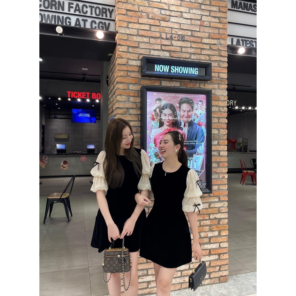 ĐẦM NHUNG PHỐI TAY VOAN ĐÍNH NƠ